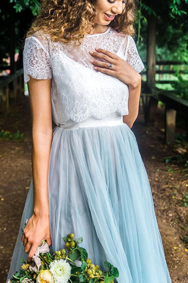 Casual Country Style Two Piece Lace Top Tulle Skirt Wedding Dresses, MW535 | cheap wedding dresses | bridal dress | wedding gowns | lace wedding dress near me | www.musebridals.com