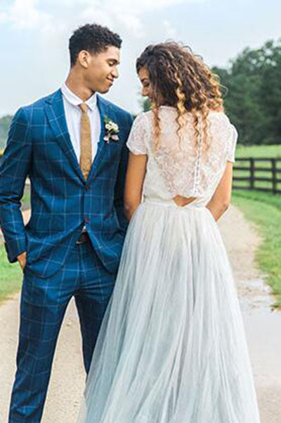 Casual Country Style Two Piece Lace Top Tulle Skirt Wedding Dresses, MW535 | cheap lace wedding dress | wedding dress near me | white wedding dress | country side wedding dress | www.musebridals.com