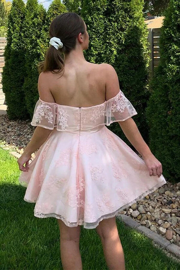 Charming A-line Off Shoulder Lace Homecoming Dress, Short Party Dresses, MH554 | graduation dresses | sweet 16 dresses | short prom dresses | musebridals.com