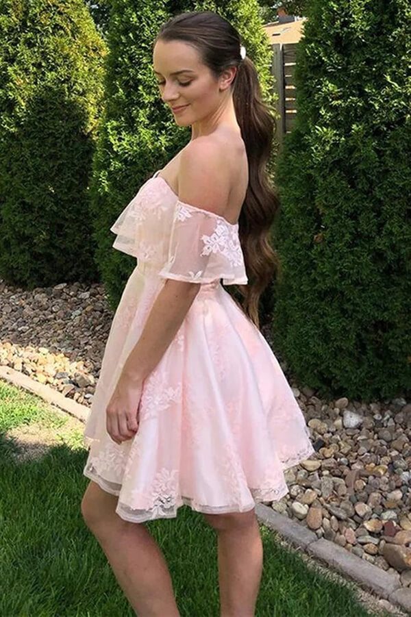 a line dress off shoulder the A-line Short GS3685 Blush (MistyRose) / L Shoulder A Off Shoulder A-line Lace Dress