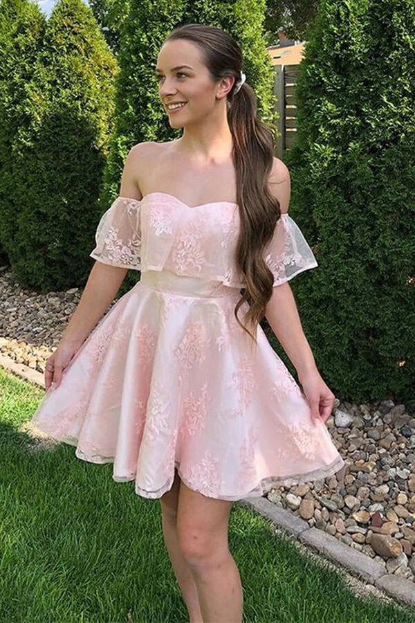 Charming A-line Off Shoulder Lace Homecoming Dress, Short Party Dresses, MH554 | cheap homecoming dresses | lace homecoming dresses | a line homecoming dresses | musebridals.com