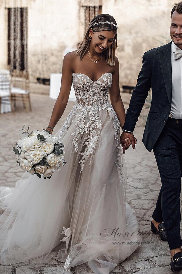 Cheap Tulle A-line Sweetheart Long Wedding Dresses with Lace Appliques,MW394 Cheap Tulle A-line Sweetheart Long Wedding Dresses with Lace Appliques,MW394