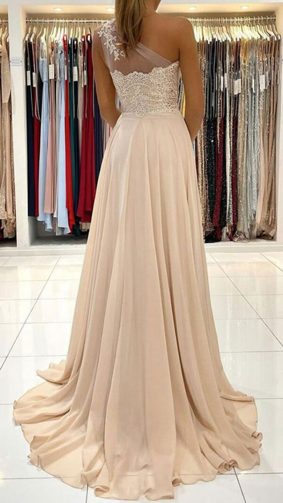 Chiffon A-line One Shoulder Lace Prom Dresses, Evening Gown, Formal Dress, MP633 | a line prom dresses | long formal dresses | one shoulder prom dress | www.musebridals.com