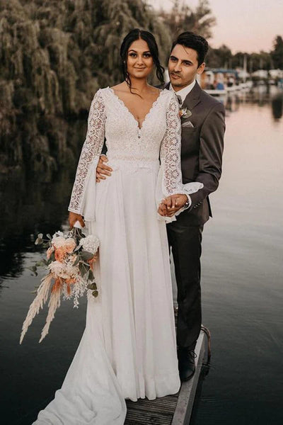 a line v neck chiffon wedding dress A-line V-neck Backless Lace Dress, MW845 Maternity Size:M flowing A PRODUCT Backless Satin Maxi Dress