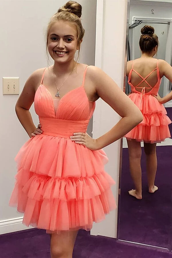 Coral A-line Soft Tulle Backless Homecoming Dresses, Short Prom Dresses, MH548 | coral homecoming dresses | school event dresses | short party dresses | musebridals.com