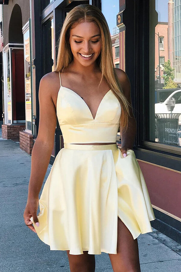​Cute Yellow Satin A-line V-neck Two Pieces Short Homecoming Dresses, MH565 | cheap homecoming dresses | simple homecoming dresses | school event dress | musebridals.com 