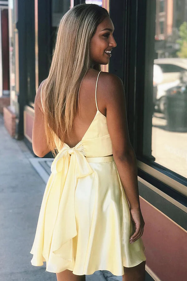 Yellow Dresses For Homecoming A Line V Neck Yellow Lace Prom Dresses,