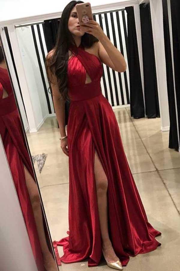 Simple V-neck Long A-line Prom Dresses, Side Slit Red Prom Dresses