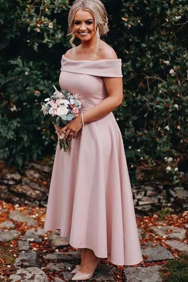 Dusty Pink Satin A-line Off-the-Shoulder Tea Length Bridesmaid Dresses, MBD183 | pink bridesmaid dresses | short bridesmaid dresses | budget bridesmaid dresses | musebridals.com