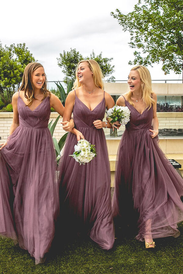 Purple Tulle Spaghetti Straps Bridesmaid Dresses, MBD153