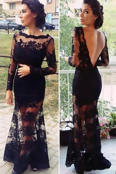 Fashion Black Lace Sheath Long Sleeve Prom Dress Evening Dress, Prom Gowns,  MP222 – Musebridals