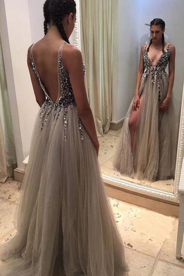 Grey Deep V-neck Backless Split Beaded Prom Dress with Sweep Train, MP248|musebridals.com