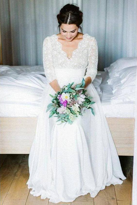 Elegant See Through 3/4 Sleeve Backless Lace and Chiffon Rustic Weddin Musebridals Elegant See Through 3/4 Sleeve Backless Lace and Chiffon Rustic Weddin Musebridals