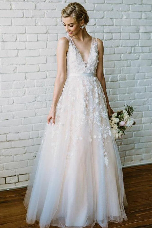 Fabulous Ivory V-neck Long Beach Wedding Dress with Lace Appliques, MW270 | www.musebridals.com