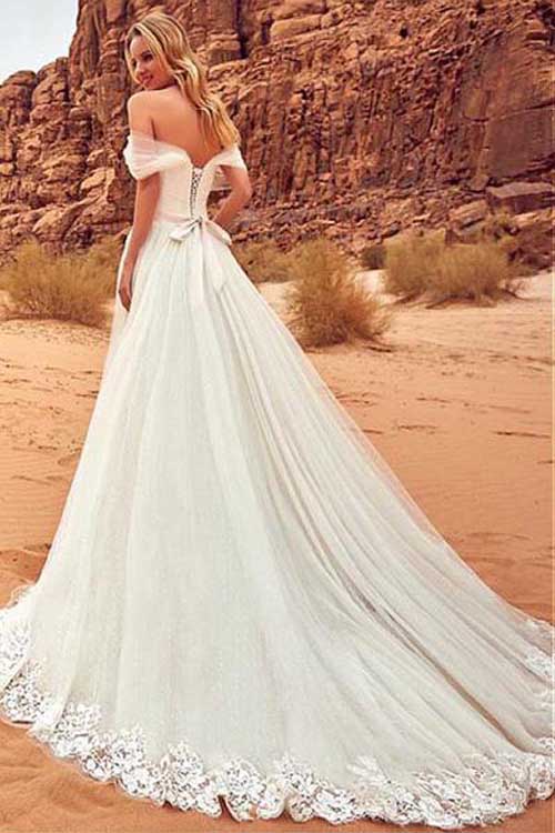 Fabulous White A-line Off Shoulder Tulle Wedding Dresses with Sweep Brush Train, MW235