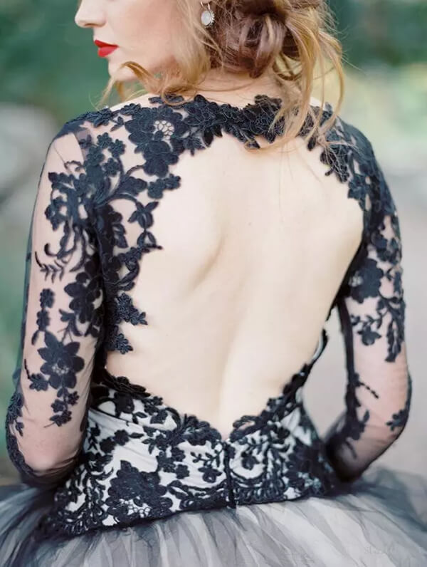 Gorgeous Black Lace A-line V-neck Long Sleeves Wedding Dresses, MW559 | long sleeves wedding dresses | cheap wedding dresses | black wedding dresses | wedding gowns | www.musebridals.com