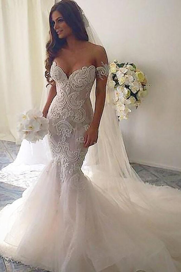 Gorgeous Mermaid Lace Off Shoulder Wedding Dresses, Bridal Gown, MW595 | wedding dresses | bridal outfit | mermaid wedding dress | www.musebridals.com