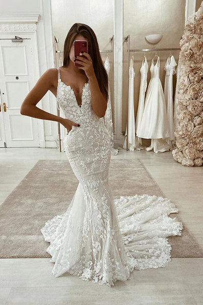 Gorgeous Mermaid V-neck Spaghetti Straps Lace Appliqued Wedding Dress, MW723 | lace wedding dresses mermaid | ivory lace wedding dresses | wedding gown | cheap lace wedding dresses | bridal gown | www.musebridals.com