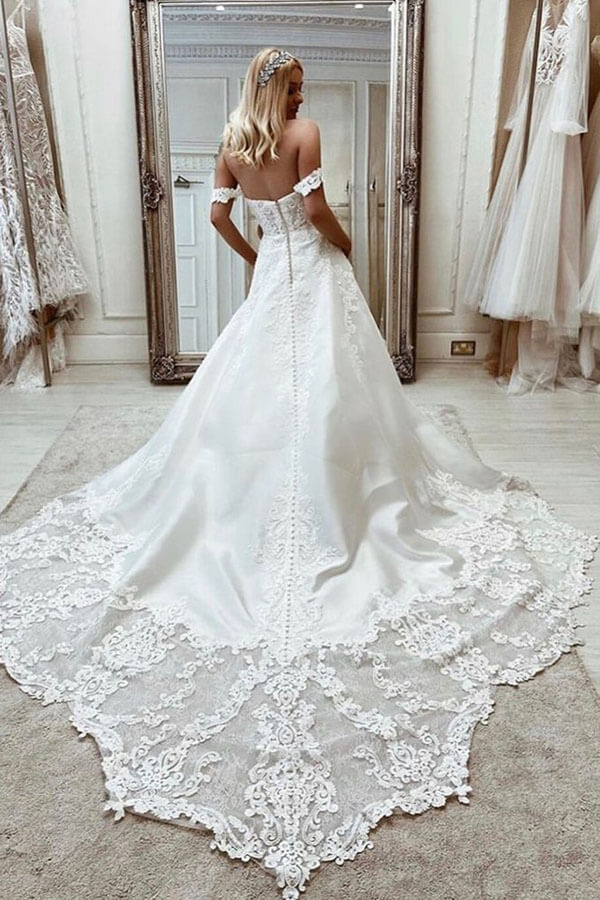 Gorgeous Satin A-line Sweetheart Wedding Dresses With Lace Appliques, MW625 | satin wedding dresses | ivory wedding dress | bridal gowns | www.musebridals.com