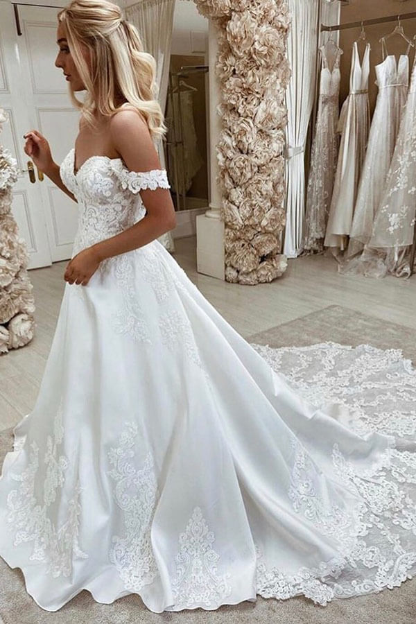 Gorgeous Satin A-line Sweetheart Wedding Dresses With Lace Appliques, MW625 | lace wedding dresses | cheap wedding dress | bridal gowns | www.musebridals.com