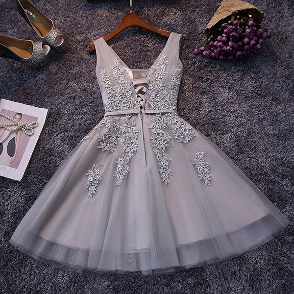Gray Knee-length Lace Tulle A-line V-neck Homecoming Dresses with Appliques, MH421 – Musebridals
