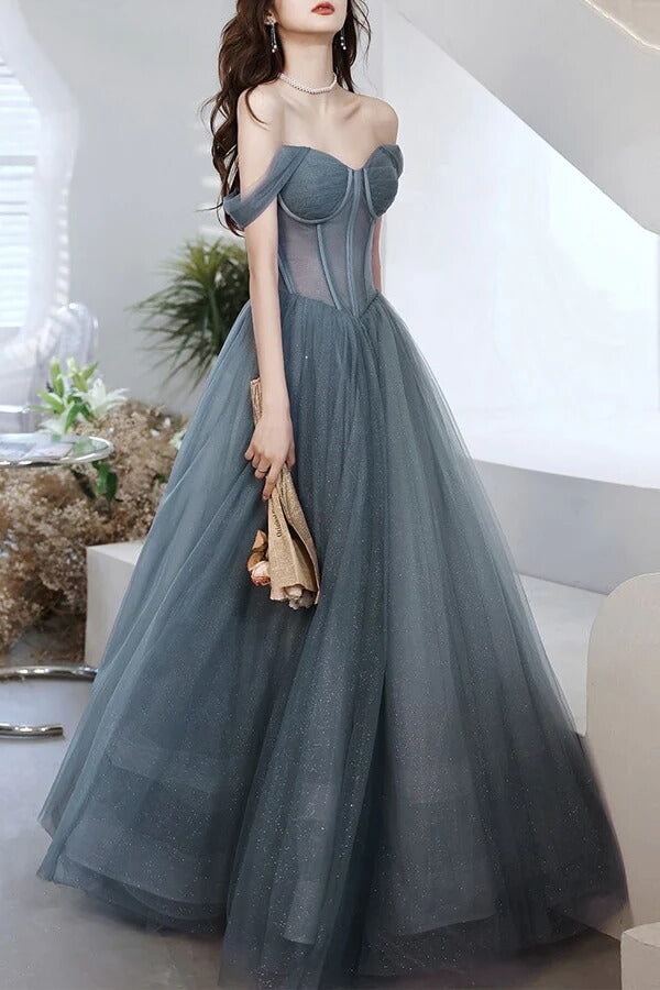 Gray Tulle A-line Off-the-Shoulder Long Prom Dresses, Evening Gowns, MP715 | tulle prom dresses | a line prom dresses | cheap long prom dresses | musebridals.com