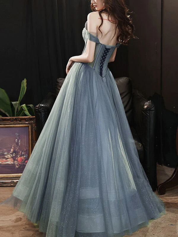 Gray Tulle A-line Off-the-Shoulder Long Prom Dress MP715