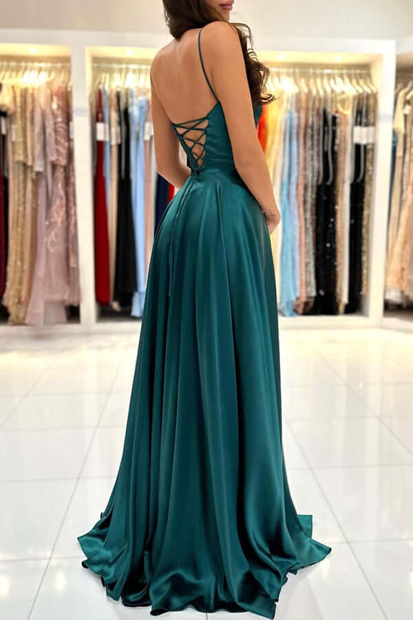 Green A-line Square Neck Simple Prom Dresses With Slit, Party Dresses, MP776 | prom dresses online | evening dresses | green prom dresses | musebridals.com