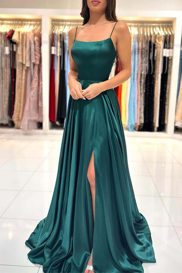 Green A-line Square Neck Simple Prom Dresses With Slit, Party Dresses, MP776 | simple long prom dress | a line prom dresses | evening gown | musebridals.com