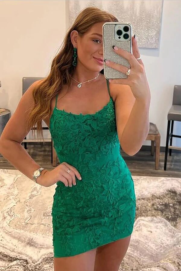 Green Lace Spaghetti Straps Tight Homecoming Dresses, Short Prom Dress, MH587 | tight homecoming dresses | short party dresses | homecoming dresses short | musebridals.com