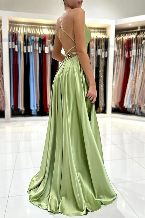 Green Satin A-line Backless Simple Prom Dresses With Slit, Party Dress, MP764 | satin prom dresses | long formal dresses | cheap prom dresses online | musebridals.com