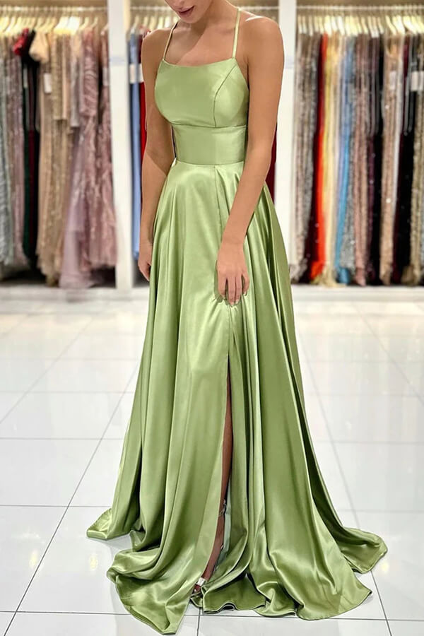Green Satin A-line Backless Simple Prom Dresses With Slit, Party Dress, MP764 | a line prom dresses | long formal dresses | evening gown | musebridals.com