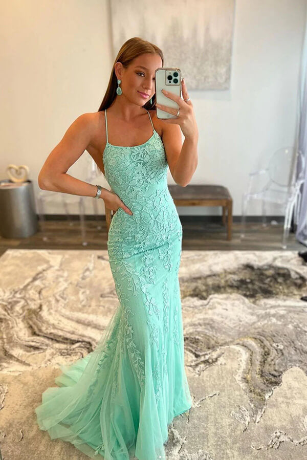 Green Tulle Mermaid Lace Appliques Long Prom Dresses, Evening Dresses, MP727 | mermaid prom dress | tulle lace prom dresses | evening gown | musebridals.com
