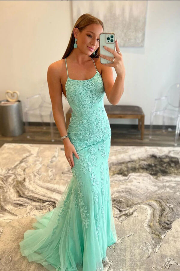 Green Tulle Mermaid Lace Appliques Long Prom Dresses, Evening Dresses, MP727 | green prom dress | lace prom dresses | cheap long prom dresses | musebridals.com