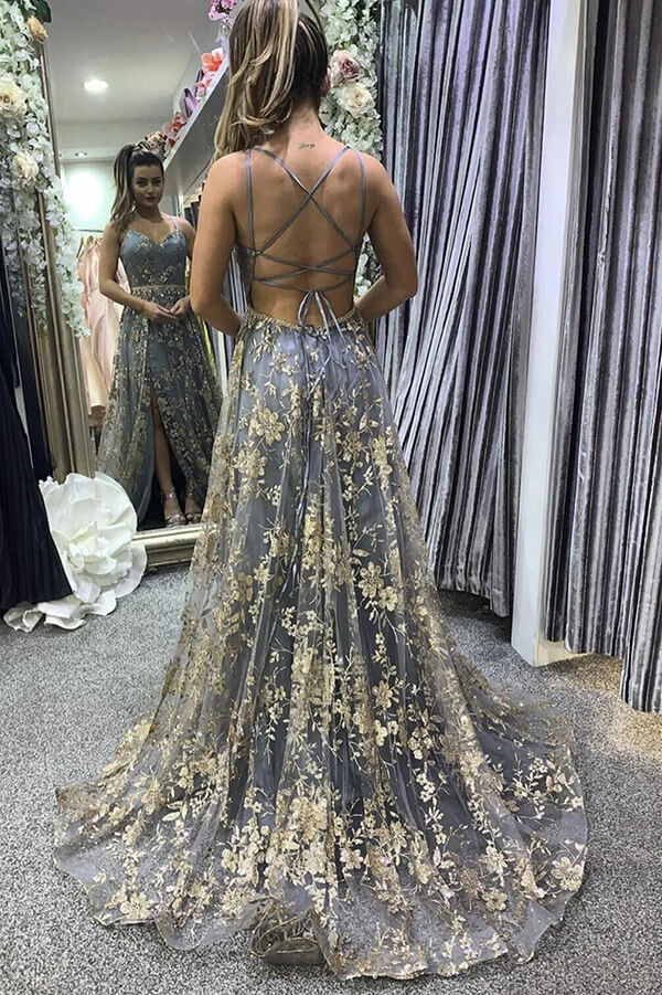 Grey Tulle Sequins Spaghetti Straps Prom Dresses With Slit, Formal Dresses, MP660 | cheap lace prom dress | long formal dresses | evening dresses | www.musebridals.com