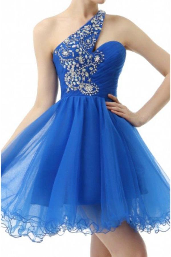 Blue Straps One Shoulder Dress with Beading, Short Prom