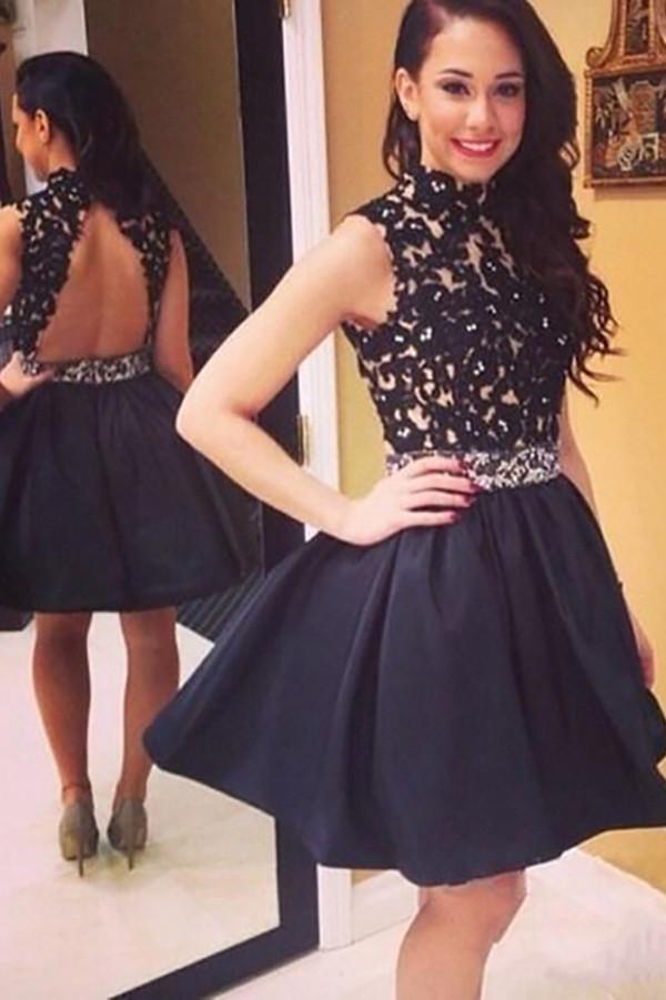 Black High Neck Backless Homecoming Dresses with Appliques, MH330