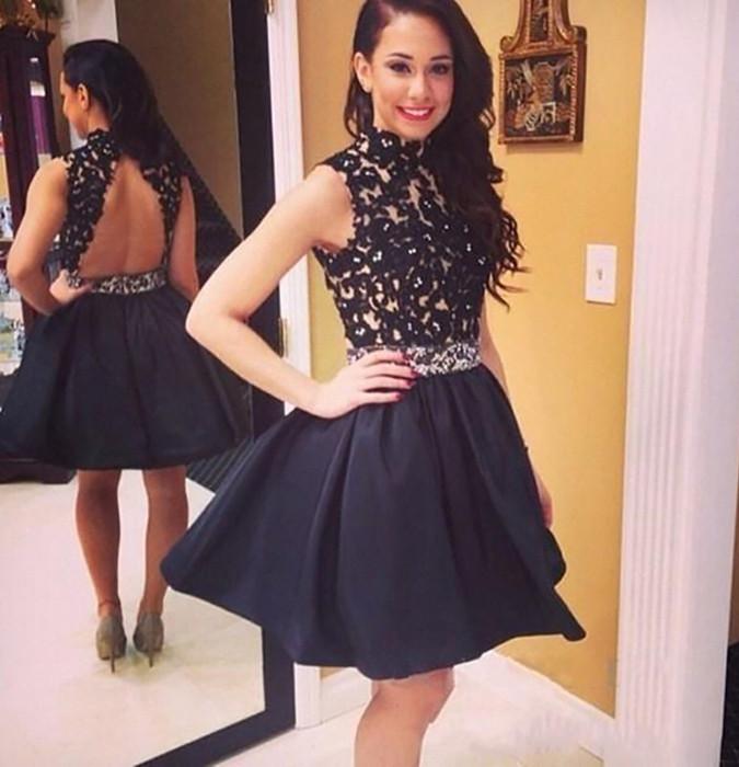 Black High Neck Backless Homecoming Dresses with Appliques, MH330