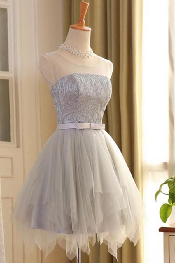 Gray Tulle Sleeveless A-line Scoop Short Prom Dress with Lace,Homecoming Dresses, MH106