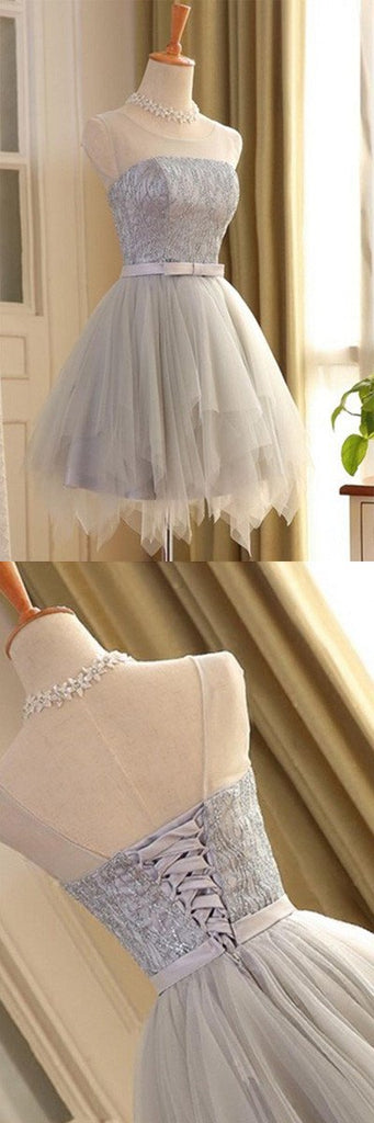 Gray Tulle Sleeveless A-line Scoop Short Prom Dress with Lace,Homecoming Dresses, MH106
