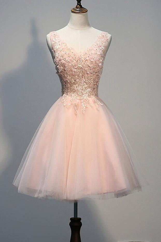 Pink Tulle Short Open Back Homecoming Dresses with Pearl Appliques, MH271