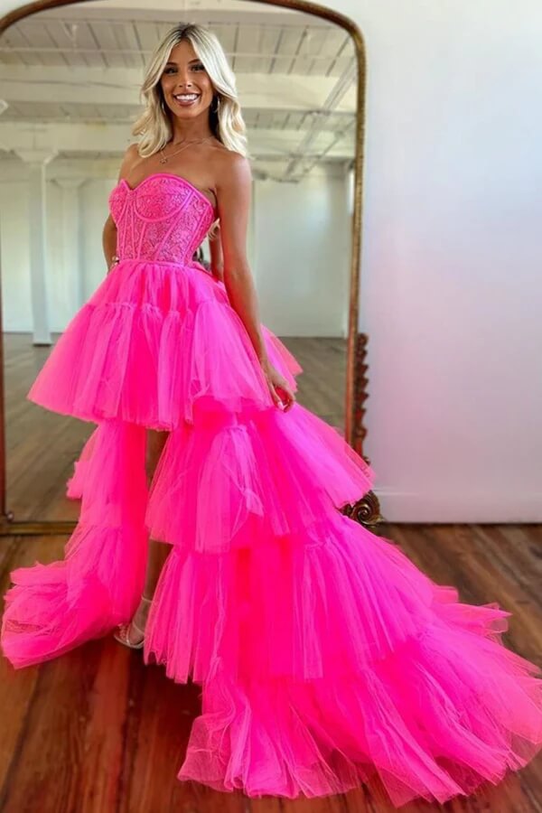 Hot Pink Tiered Tulle High Low Sweetheart Prom Dress, Long Formal Dress, MP777 | cheap prom dresses | evening dresses | evening gown | musebridals.com