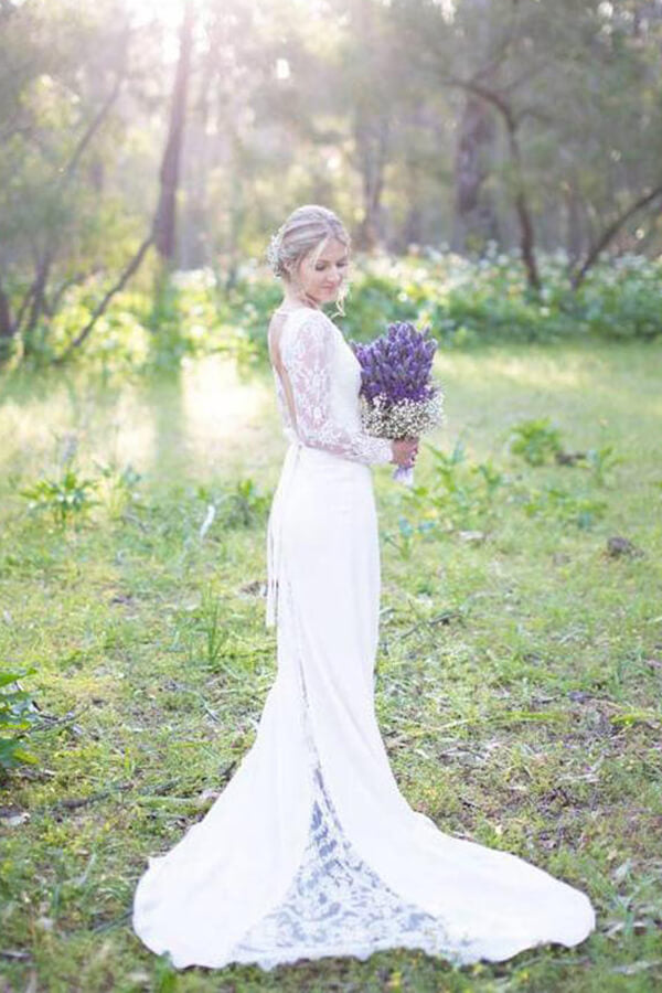 Ivory  Satin Lace Sheath V-neck Long Sleeves Wedding Dresses, Bridal Gown, MW578 | long sleeves lace wedding dresses | bridal gowns | wedding dresses online | www.musebridals.com