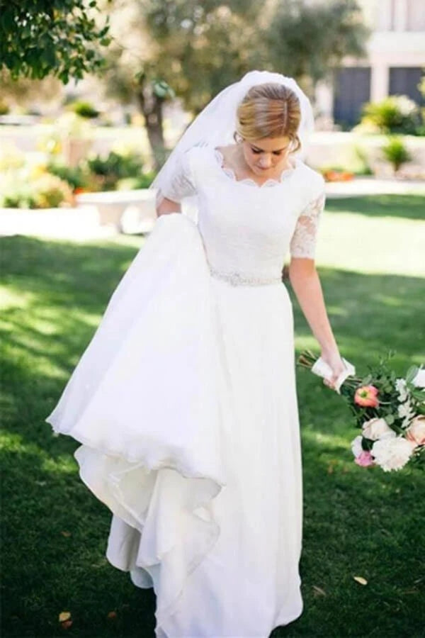 Ivory Lace A-line Beaded Half Sleeves Wedding Dresses, Bridal Dress, MW588 | half sleeves wedding dresses | lace wedding dress | bridal gowns | www.musebridals.com