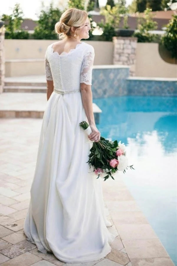 Ivory Lace A-line Beaded Half Sleeves Wedding Dresses, Bridal Dress, MW588 | wedding dresses online | cheap lace wedding dress | bridal gown | www.musebridals.com