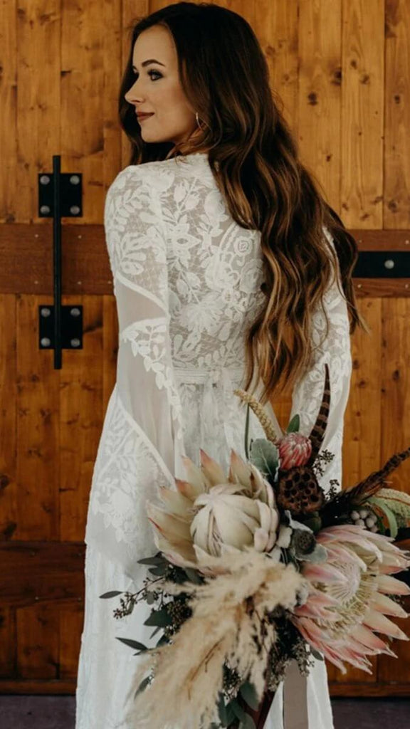 Ivory Lace A-line Long Sleeves Boho Wedding Dress MW766