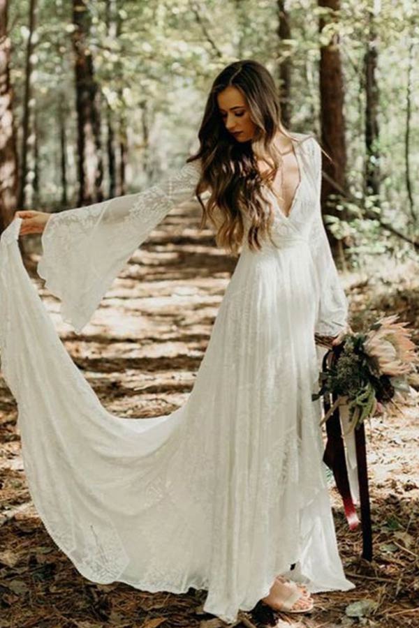 Ivory Lace A-line Long Sleeves Boho Wedding Dress MW766 | Musebridals
