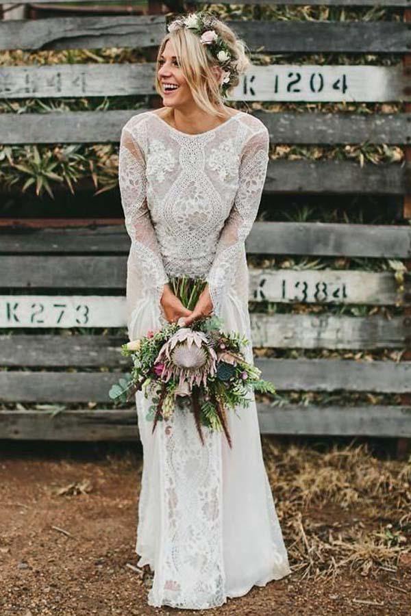 Ivory Lace Backless Long Sleeves Boho Wedding Dresses, Bridal Gown, MW569 | wedding dresses | long sleeves wedding dress | cheap lace wedding dress | www.musebridals.com