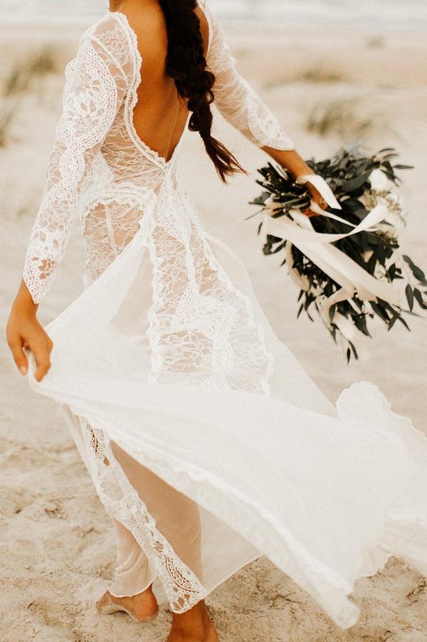 Ivory Lace Backless Long Sleeves Boho Wedding Dresses, Bridal Gown, MW569 | long sleeves wedding dresses | bridal outfit | beach wedding dresses | www.musebridals.com