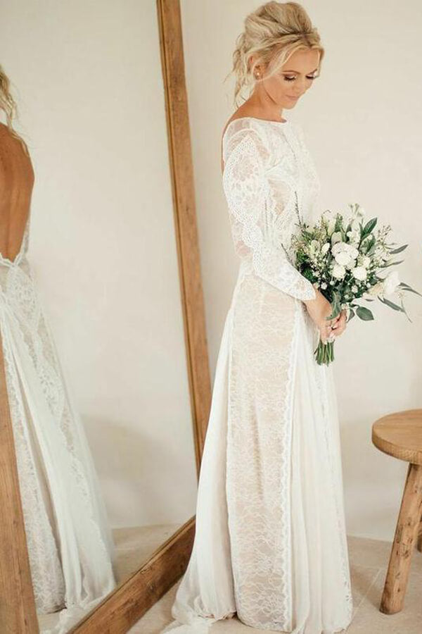 Ivory Lace Backless Long Sleeves Boho Wedding Dresses, Bridal Gown, MW569 | long sleeves beach wedding dresses | cheap lace wedding dresses | ivory wedding dresses | www.musebridals.com